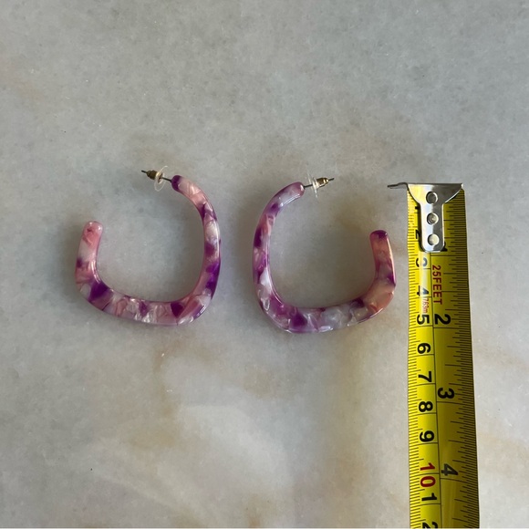 Hoop Earrings Marbled Pink and Purple Acrylic Modern Contemporary Design - Picture 3 of 4